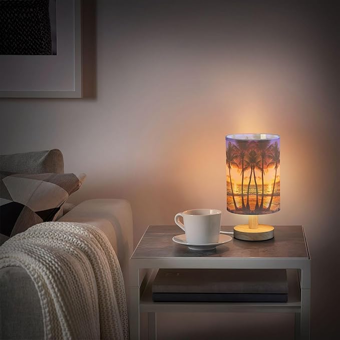 Coconut Palm Tree Sunset Ocean Tropical Island Table Lamp with Wood Base Fabric Lamp Shade Bedside Nightstand Desk Lamp for Living Room Bedroom Kids Room Office
