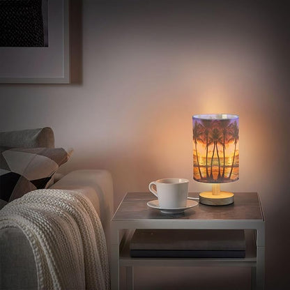 Coconut Palm Tree Sunset Ocean Tropical Island Table Lamp with Wood Base Fabric Lamp Shade Bedside Nightstand Desk Lamp for Living Room Bedroom Kids Room Office