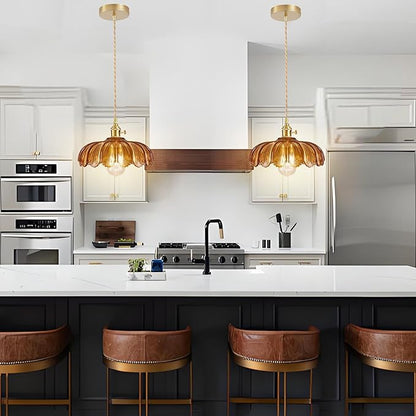 Glass Pendant Light Vintage Light Fixtures, Glass Pendant Lights Kitchen Island, Adjustable Hanging Light for Kitchen Island Dining Room Hallway (Dark Amber)