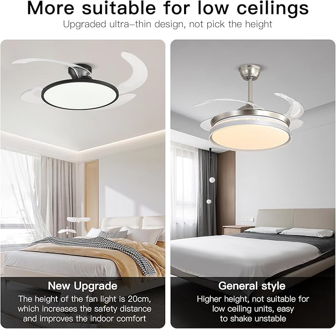 AHAWILL 48 Inch Retractable Ceiling Fan,Low Profile Ceiling Fan with Light and Remote,Modern Black Fan with Retractable Blades for Dinning Room Living Room Bedroom,Dimmable,Timer Setting