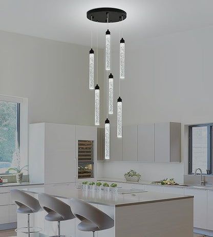 Crystal Staircase Chandelier, Modern Black Spiral Dimmable LED Cluster Raindrop Foyer Chandelier Lighting, Bubble Living Room Hanging Light Fixture 7 Light Remote Control