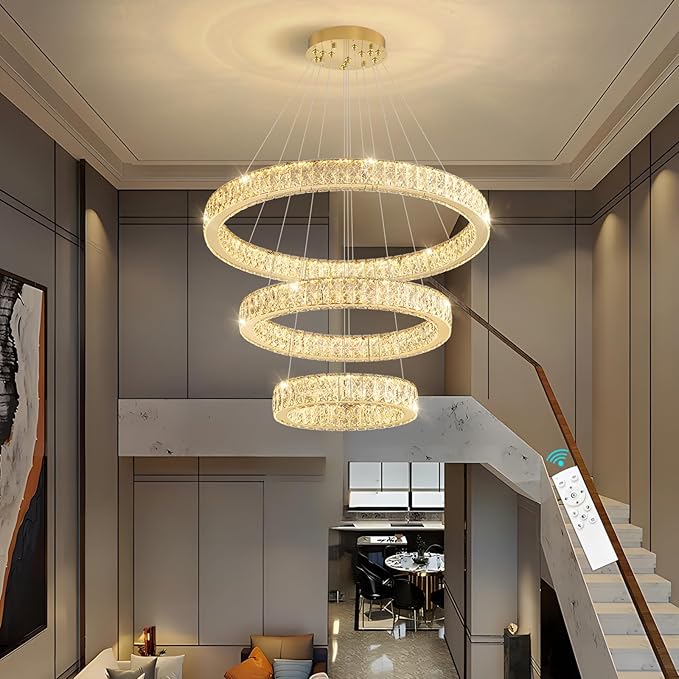 Modern Crystal Chandelier 55W Dimmable LED Chandeliers with Remote Luxury Height Adjustable Pendant Lighting for Living Room Dining Room Gold