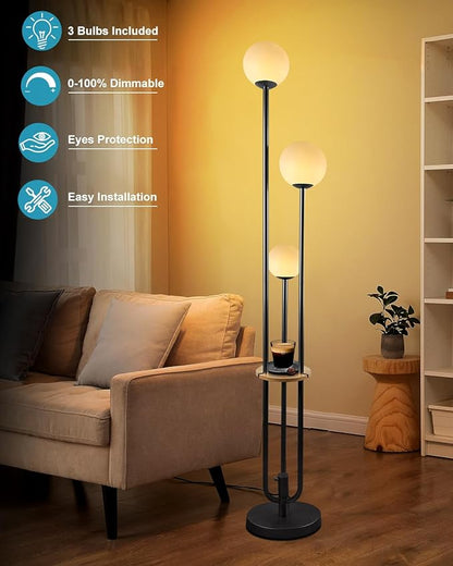 63IN Black Floor Lamp with Shelf Mid Century Modern Tall Standing Lamps with 3000K Warm White Bulb Included Dimmable Globe Floor Lamp with 5Lbs Heavy Base for Living Room/Bedroom/Home Decor