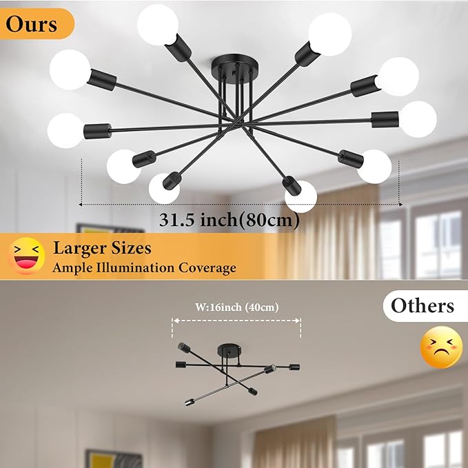 Modern Sputnik Chandelier 10-Light Industrial Ceiling Lights Fixture 31.5" Black Semi Flush Mount Ceiling Light with E26 Base Sputnik Lights Fixture for Dining Room Bedroom Foyer Hallway Living Room