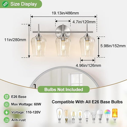MOKATNG 3-Light Bathroom Light Fixtures, 19.5 in Brushed Nickle Vanity Lights for Bathroom with Clear Glass, Bathroom Lighting Fixtures Over Mirror, Modern Wall lamp for Cabinet Hallway