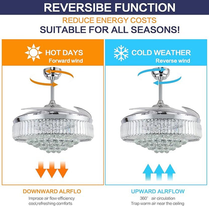 DuMaiWay 52" Dimmable Chandelier Ceiling Fan with Lights, Fandelier, Retractable Crystal Ceiling Fan Chandelier with Remote Control LED Light for Bedroom Living Room Polished Chrome 6 Speed
