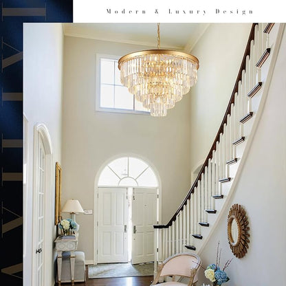 A AXILIXI Large Crystal Chandeliers 30’’ Modern Gold Round Chandeliers for High Ceiling K9 5-Tier Large Ceiling Chandelier Light Fixtures Luxury Chandelier for Staircase Foyer Living Room