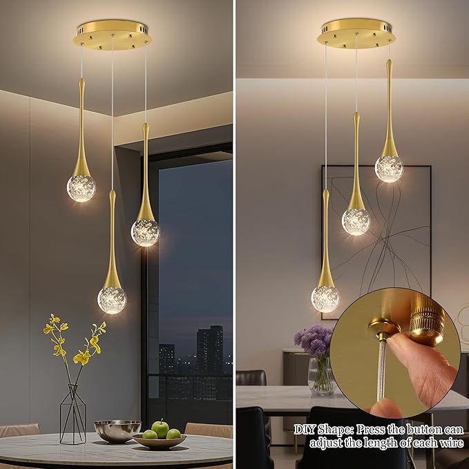 Modern Crystal Staircase Chandelier Polished Gold 3-Lights, H59'' High Ceiling Spiral Dimmable LED Raindrop Foyer Entryway Light Fixture Remote Control