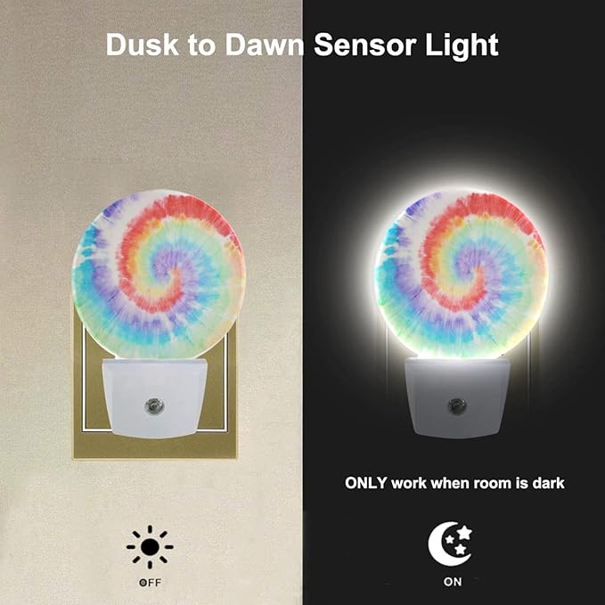 EKOBLA Tie Dye Plug-in Night Light, Rainbow Spiral Colorful LED Nightlight with Auto Sensor for Bedroom & Bathroom