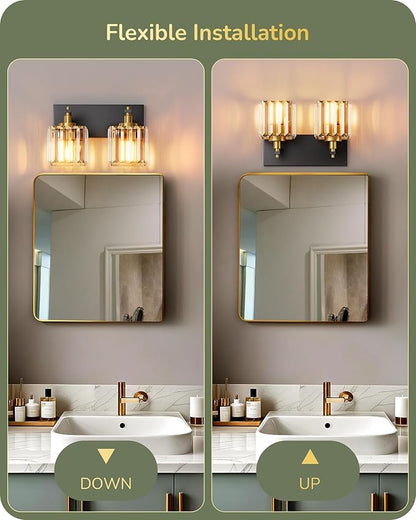 EDISHINE Bathroom Light Fixtures, Crystal Bathroom Vanity Lighting Fixtures Over Mirror, 2 Light Vanity Lights for Bath, Powder Room, E26 Base, Black Gold