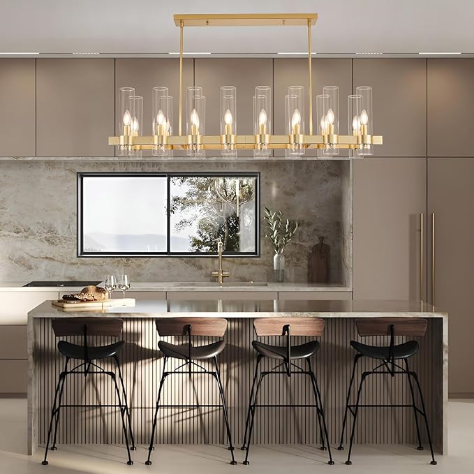 Modern Gold Linear Chandelier, 50'' Rectangular 16-Light Lighting Fixture with Glass Shades, Adjustable Hanging Height, Over Dining Table for Dining Room, Kitchen Island