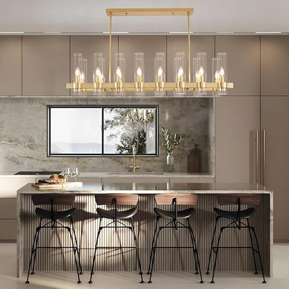 Modern Gold Linear Chandelier, 50'' Rectangular 16-Light Lighting Fixture with Glass Shades, Adjustable Hanging Height, Over Dining Table for Dining Room, Kitchen Island