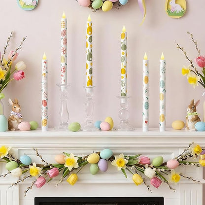 Honoson 6 Pcs Easter Flameless Taper Candles 10.6 Inch Colorful Egg Bunny Candles Battery Operated LED Candlesticks for Easter Dinner Table Home Party Decor
