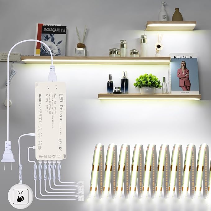 Martronic COB Display Light Strips for Shelves, 6000K 16.4ft Plug-in Under Shelf Lighting with Hand-Sweep On/Off, Diffused Power with 6 Output Ports, Shelf Lights for Bookshelf, Gun Safe