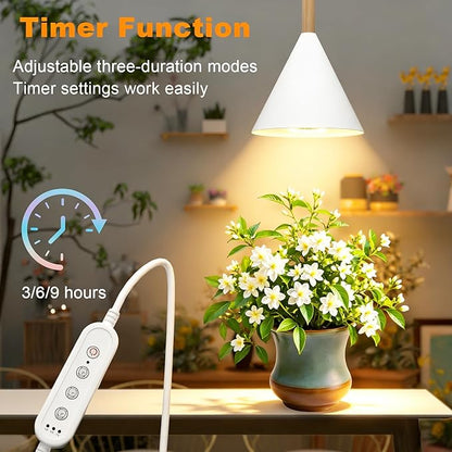 Hanging Grow Light with Timer, 20W Full Spectrum Plant Lamp for Indoor Plants, 14.5 ft Power Cord, Adjustable Height, Wall-Mounted Growing Light for Large Tall Plants, Succulents and Flowers (White)