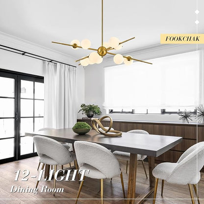 Large Gold Sputnik Chandelier 39in 12-Light Frosted Glass Chandelier Light Fixture Mid-Century Modern Molecular Chandeliers for Living Room Dining Room Foyer Kitchen Bedroom