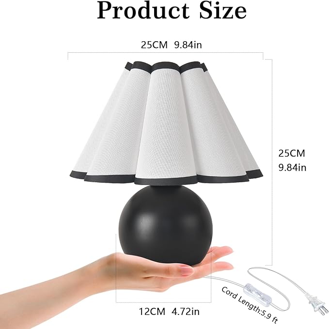 Matte Black Small Bedside Mini Table Lamp for Bedroom, Cute Bedroom Lamps for Nightstand, Cute Mini Table Lamps for Small Spaces with Scalloped Shade for Kitchen Counter, Bookshelf, Kids Dorm, Office