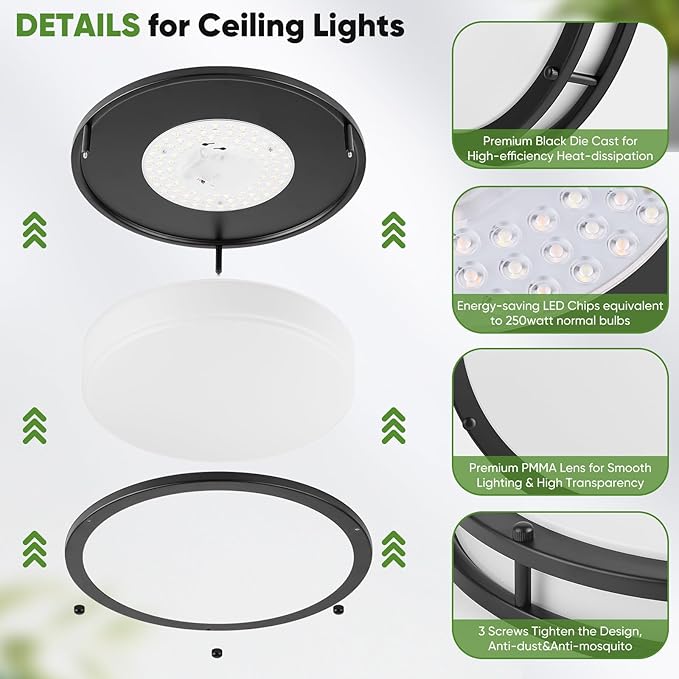 2-Pack 12 Inch Flush Mount Light Fixtures, 36W 3600lm Super Bright LED Ceiling Lights for Kitchen, Dimmable LED Lights 2700K-6500K 5 Color Temperatures, Modern Black Lighting for Bedroom Bathroom