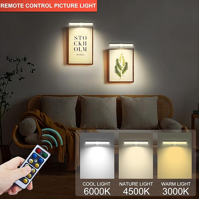 4pcs Battery Operated Picture Light with 3 Lighting Color,Painting Light for Wall with Remote,Led for Art Indoor Brightness Dimmable, Timer-Off Display Accent Light for Frame Gallery