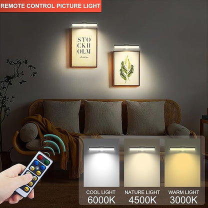 4pcs Battery Operated Picture Light with 3 Lighting Color,Painting Light for Wall with Remote,Led for Art Indoor Brightness Dimmable, Timer-Off Display Accent Light for Frame Gallery