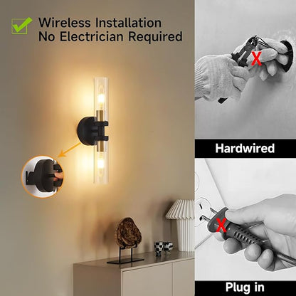 Battery Operated Wall Sconces Set of 2, 330° Rotation 3000K-6000K Dimmable Wireless Wall Sconce with Clear Glass Black Gold 10400mAh USB Rechargeable Wall Lights with Remote Bulbs Included 2 Pack