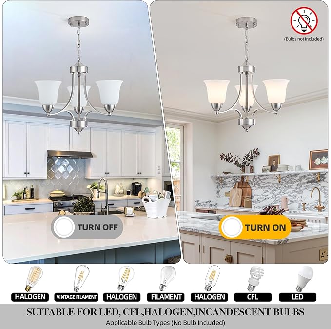 3-Lights Farmhouse Chandelier Brushed Nickel Modern Dining Room Light Fixture Silver Adjustable Ceiling Hanging Pendent Lighting with Frosted Glass for Kitchen Island, Living Room,Foyer