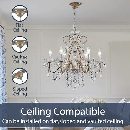 Bestier Antique Silver Vintage Candle Chandelier Crystal Lighting Fixture Lamp for Dining Room Bathroom Foyer Livingroom 6 E12 Bulbs Required D24 in x H26 in