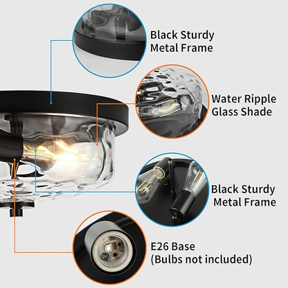 Black Flush Mount Ceiling Light, Farmhouse Hallway Light Fixtures with Water Ripple Glass Shade 2-Light Outdoor Flush Mount Lights for Porch Ceiling, Kitchen, Foyer, Entryway, Dining Room