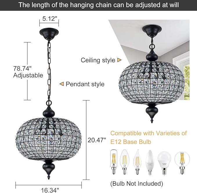 Vintage Crystal Chandeliers for Dining Room, 16.4" Farmhouse Black Dining Room Light Fixture with Gold Accents Foyer Chandelier for High Ceiling Living Room Kitchen Entryway