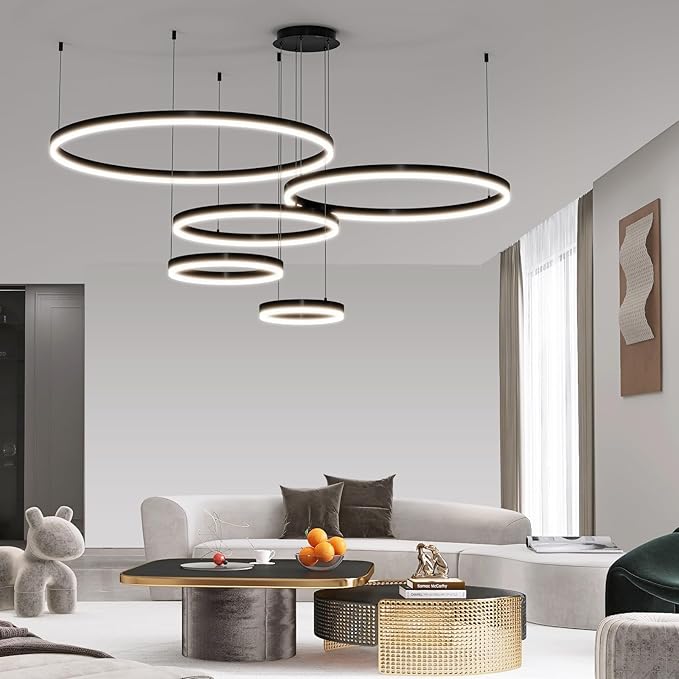 Mikeru Modern 5 Ring Chandelier Light, LED Pendant Light Fixtures with Remote Control 3000k-6500K Adjustable Color Temperature Light for Living Room, Kitchen (11.8+15.7+23.6+31.5+39.5in)