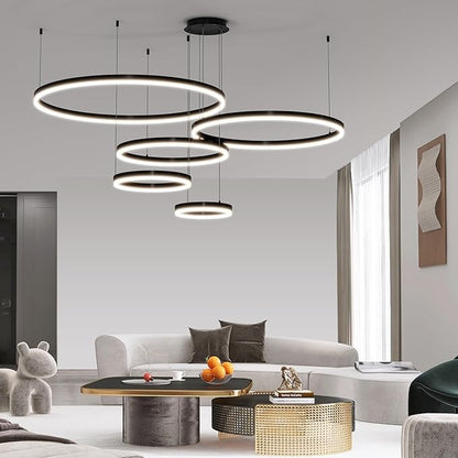 Mikeru Modern 5 Ring Chandelier Light, LED Pendant Light Fixtures with Remote Control 3000k-6500K Adjustable Color Temperature Light for Living Room, Kitchen (11.8+15.7+23.6+31.5+39.5in)