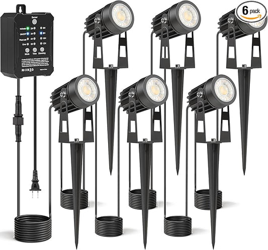 HIBOITEC Low Voltage Landscape Lighting with Transformer Photocell Sensor and Timer Spotlights Kit 56FT ETL Approved Wire 2700K 6 Packs