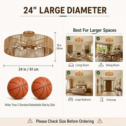 24" Natural Rattan Flush Mount Ceiling Light Fixture, 5-Light Gold Hand-Woven Wicker Boho Chandelier for Bedroom, Living Room, Dining Room, Kitchen, Rustic Lamp for Hallway and Entryway