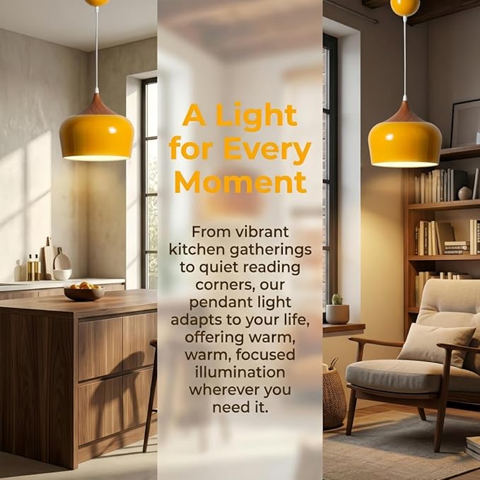 Modern Pendant Light Fxtures Kitchen, Hanging Light Fixtures Ceiling Mount, Wood Metal Shade Pendant Lamp for Dining Room, Bedroom, Living Room, Bathroom, Entryway, Small Chandelier, Glossy Yellow