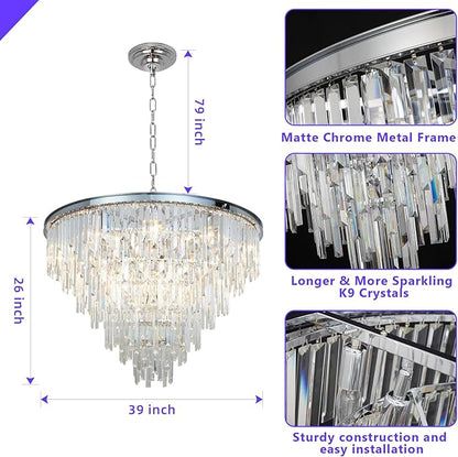 39'' Modern Crystal Chandelier, Chrome Round Ceiling Light with Clear Prisms, Luxury Flush Mount Lighting Fixture for Dining Room Bedroom Foyer