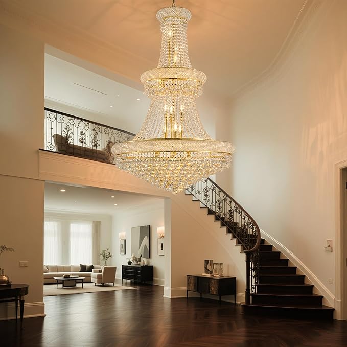 27-Lights High Ceiling Chandelier Modern Gold Crystal Chandeliers Large Foyer Chandelier Fixtures for Staircase Living Room Hallway Entryway