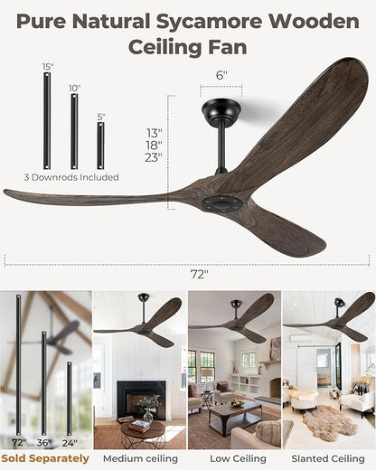 72" Ceiling Fans Without Lights, Solid Wood Ceiling Fan with Remote Control and Quiet DC Motor, Ceiling Fan no Light 3 Blades, Indoor Outdoor Fans for Patios, Bedroom- Deep Brown