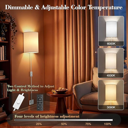 Plug in Wall Sconces Set of Two: Wall Lights with 7 RGB Colors - 3 Color Temperature Wall Mount Lamps with Remote - Fabric Linen Wall Sconc for Bedroom Living Room & Hallway- Indoor Corded Wall Sconce