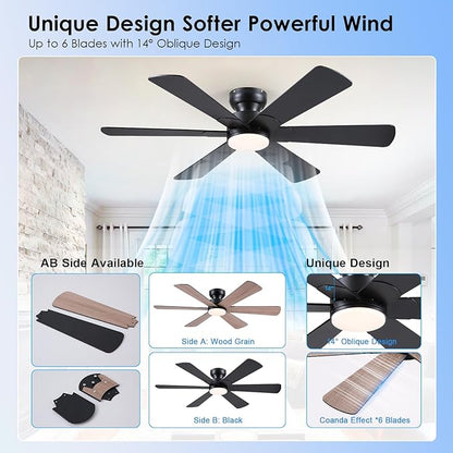 BayDay 52 inch Ceiling Fans with Lights, Black Ceiling Fan with Remote APP, Dual-Sided Modern/Rustic 6 Blades, Reversible, 3CCT, Flush Mount Low Profile Ceiling Fan with Lights Bedroom Kitchen Indoor