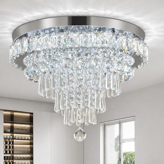 FRIXCHUR 17.7" LED Crystal Chandelier Modern Crystal Ceiling Light Fixture Large Flush Mount Chandeliers Ceiling Lighting for Living Room Bedroom Kitchen (6500K Cool White)