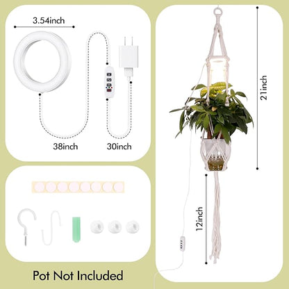 Hanging Plant Grow Lights for Indoor Plants with Timer, Wall Mounted Full Spectrum Pendant Growing Light with Macrame Plant Hanger, Ceiling LED Planta Luz for Potted Plants Home Decor