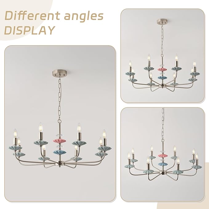 Brushed Nickel Chandeliers for Dining Room Light Fixture Over Table,8-Light Art Deco Chandelier, Modern Vintage Chandelier with Ceramic,Farmhouse Chandelier for Girls Bedroom,Living Room