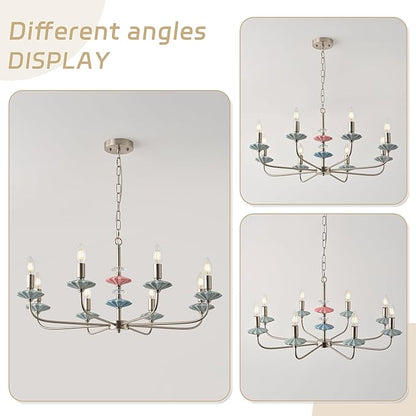 Brushed Nickel Chandeliers for Dining Room Light Fixture Over Table,8-Light Art Deco Chandelier, Modern Vintage Chandelier with Ceramic,Farmhouse Chandelier for Girls Bedroom,Living Room