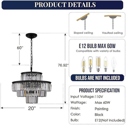 Black Luxury Crystal Chandelier Modern Chandeliers Lights Fixture Hanging Pendant Light Fixture for Dining Room Bedroom Living Room Dia 20 Inch-Black