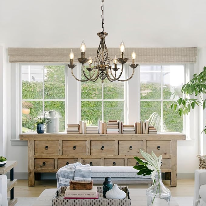 6-Light Farmhouse Candle Chandelier for Living Room, Rustic Industrial Pendant Ceiling Light fixture, Vintage Ceiling Hanging Lamp for Bedroom Hallway Kitchen Dining Room Foyer, Brown E12 Socket