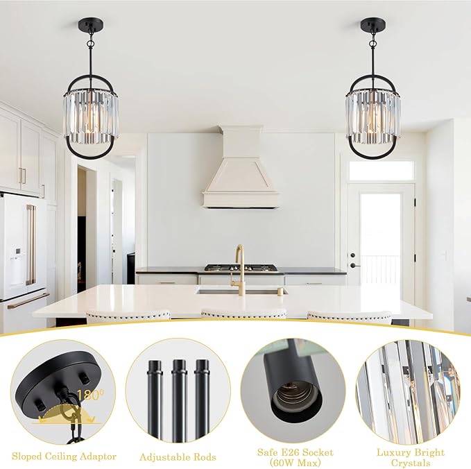 Black Crystal Pendant Light for Dining Room, 9.4" Mini Luxury Crystal Chandelier Lights Fixture, Small Modern Elegant Adjustable Chandelier for Bedroom Kitchen Island