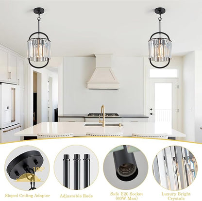 Black Crystal Pendant Light for Dining Room, 9.4" Mini Luxury Crystal Chandelier Lights Fixture, Small Modern Elegant Adjustable Chandelier for Bedroom Kitchen Island