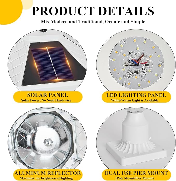 Outdoor Solar Post Lights with Pier Mount Base, White Dusk to Dawn Pillar Lamps with Patterned Glass, Waterproof Exterior Pole Lanterns with for Patio, Garden, Porch