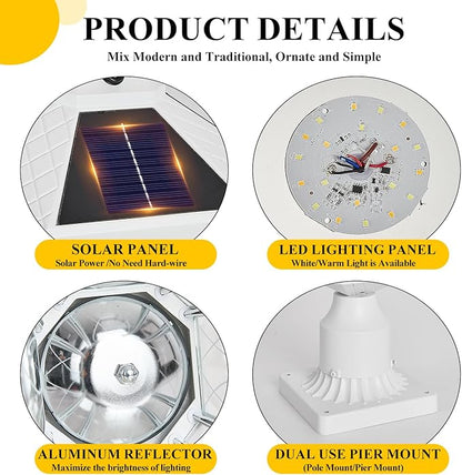 Outdoor Solar Post Lights with Pier Mount Base, White Dusk to Dawn Pillar Lamps with Patterned Glass, Waterproof Exterior Pole Lanterns with for Patio, Garden, Porch