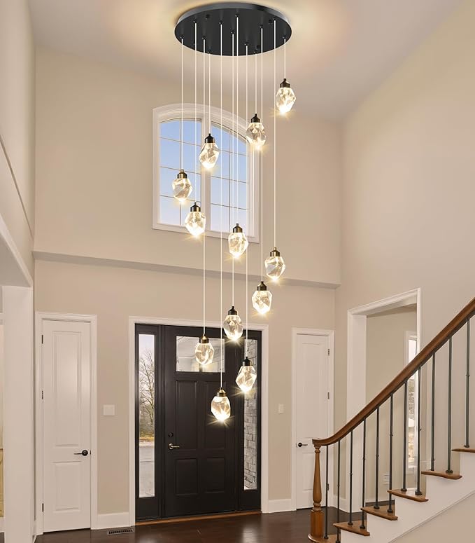 Crystal LED High Ceiling Chandelier: Long Remote Dimmable 12 Pendant Light Fixtures - Spiral Drop Flush Mount Sloped Ceilings Modern Chandeliers For Entryway Living Room Foyer Staircase Entrance
